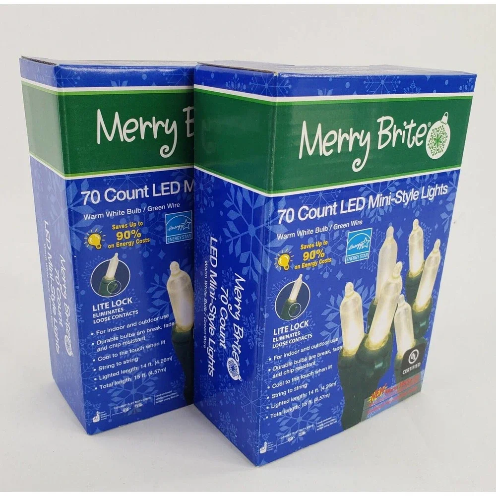 2 Merry Brite 70 Ct LED Mini Warm White Lights Christmas Green Wire Patio Decor